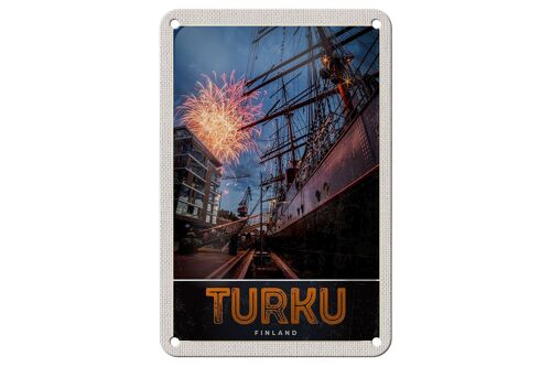 Blechschild Reise 12x18cm Turku Finnland Schiff Feuerwerk Urlaub Schild