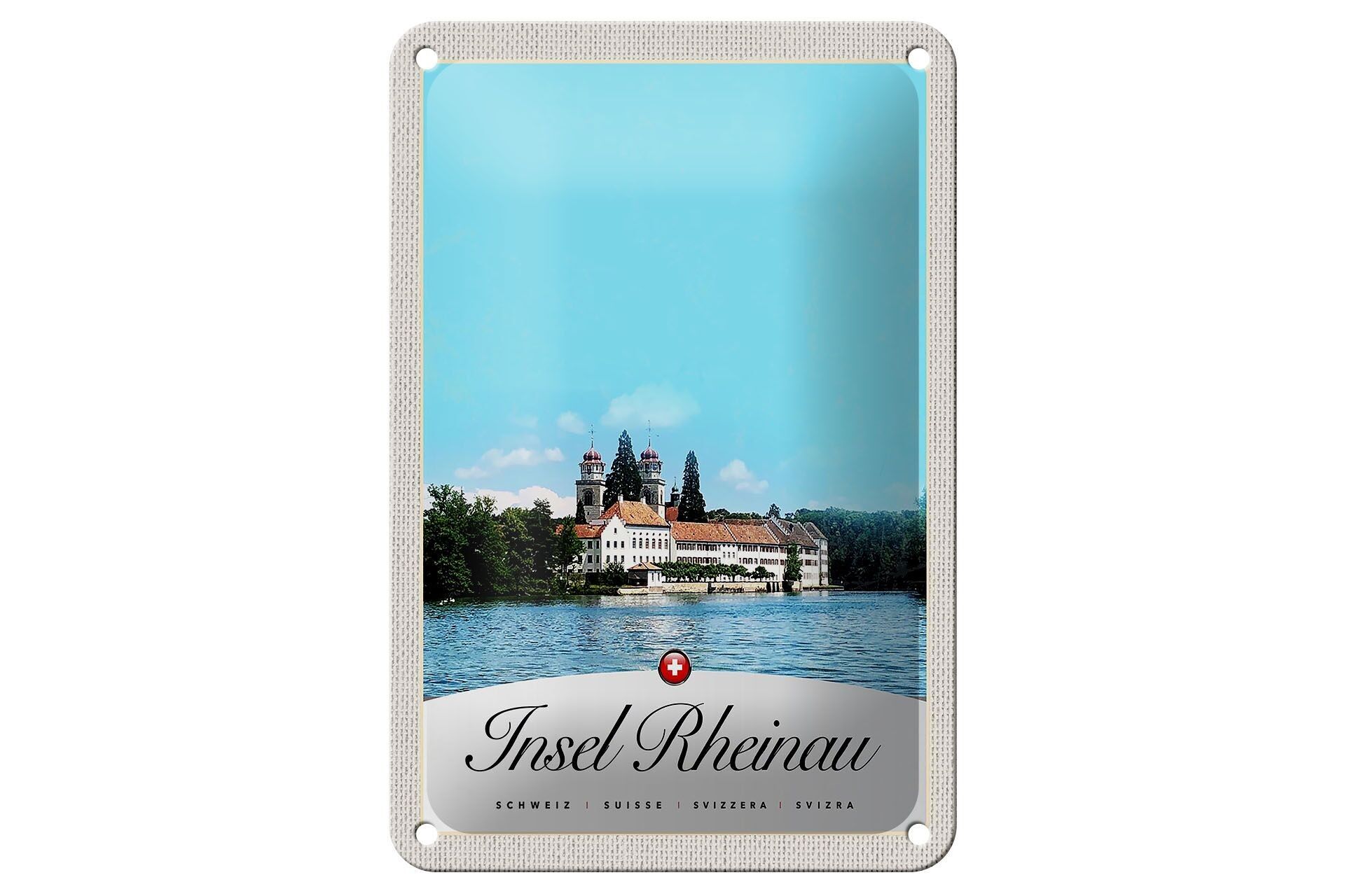 Blechschild Reise 12x18cm Insel Rheinau Europa Kirche Urlaub Schild