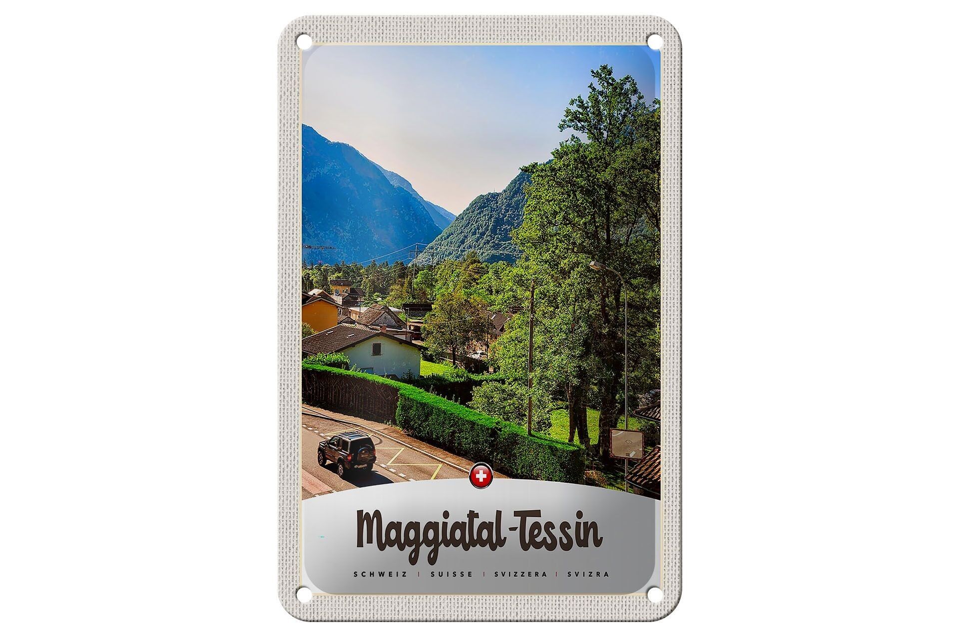 Targa in metallo da viaggio 12x18 cm Maggiatal-Ticino Svizzera Città Montagne Targa