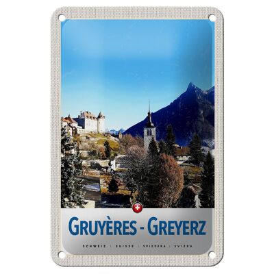 Panneau en étain voyage 12x18cm Gruyères Gruyères Suisse signe de l'heure d'hiver