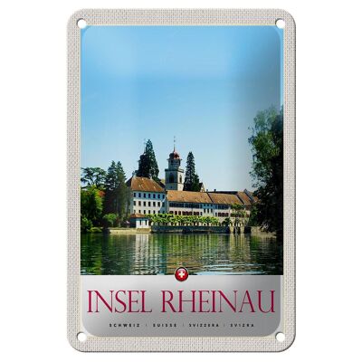 Blechschild Reise 12x18cm Insel Rheinau Schweiz Kirche Urlaub Schild