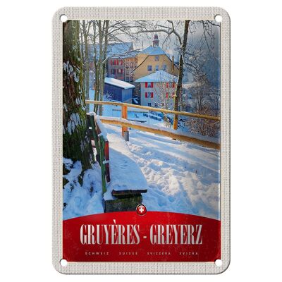 Panneau de voyage en étain, 12x18cm, Gruyères, Gruyères, suisse, signe de vacances à la neige
