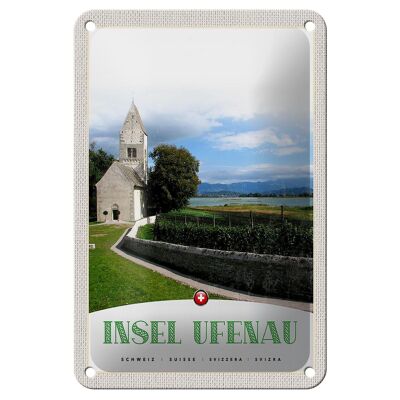 Cartel de chapa de viaje, 12x18cm, isla de Ufenau, Suiza, iglesia, pradera, lago