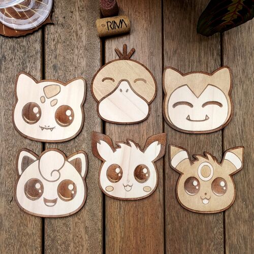 Set of 6 Cute Pokemon Wood Coasters - Housewarming Gift -  Cup Holder