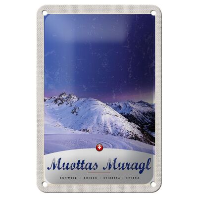 Cartel de chapa de viaje, 12x18cm, Muottas Muragl, Suiza, señal de nieve de invierno