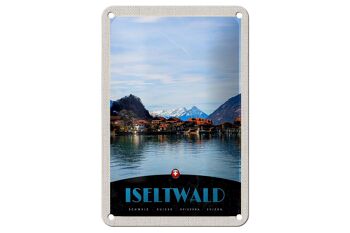 Panneau de voyage en étain, 12x18cm, lac Iseltwald, montagnes enneigées, signe de vacances 1