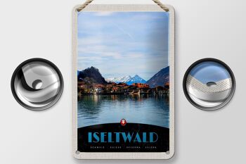Panneau de voyage en étain, 12x18cm, lac Iseltwald, montagnes enneigées, signe de vacances 2