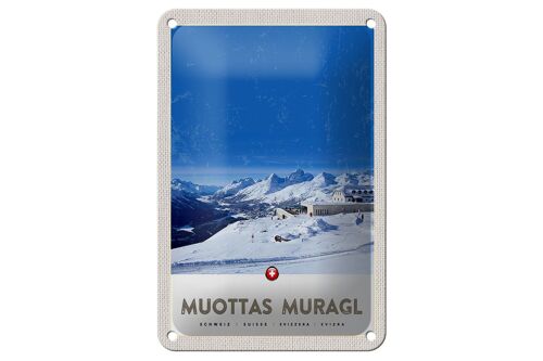 Blechschild Reise 12x18cm Muottas Murgal Schweiz Gebirge Schnee Schild