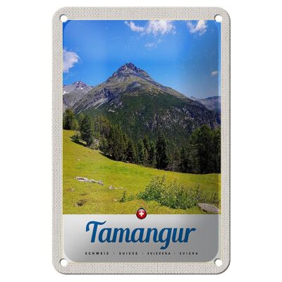 Cartel de chapa de viaje, 12x18cm, Tamangur, Suiza, montañas, bosque, cartel natural