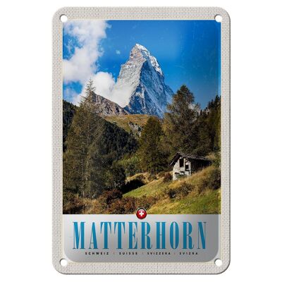 Cartel de chapa de viaje, 12x18cm, Matterhorn, Suiza, bosque, montañas, señal de nieve