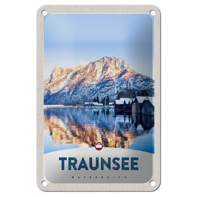 Tin sign travel 12x18cm Traunsee Austria winter time snow sign