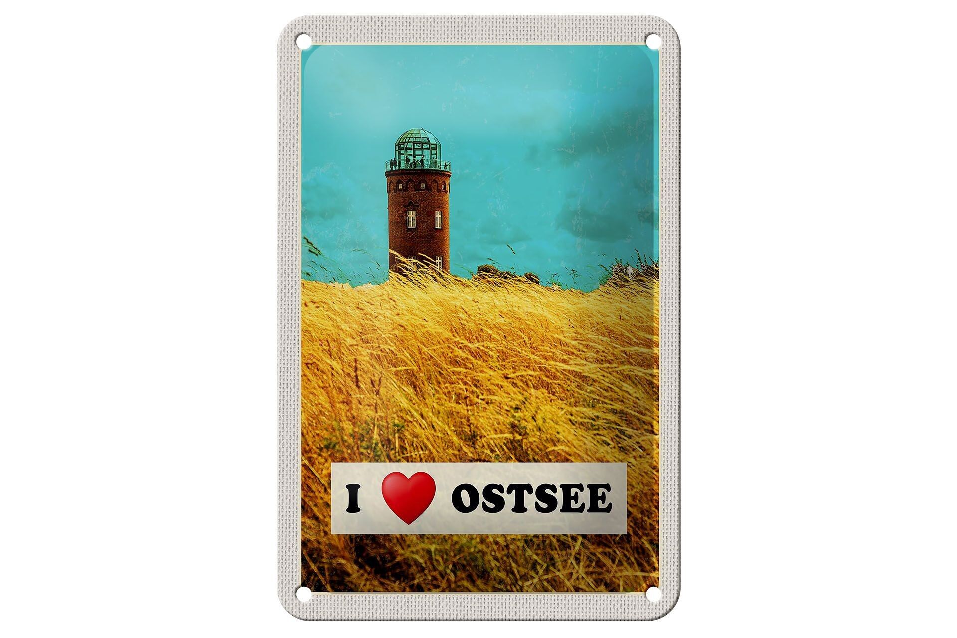 Blechschild Reise 12x18cm Ostsee Turm Natur Weide Urlaub Himmel Schild