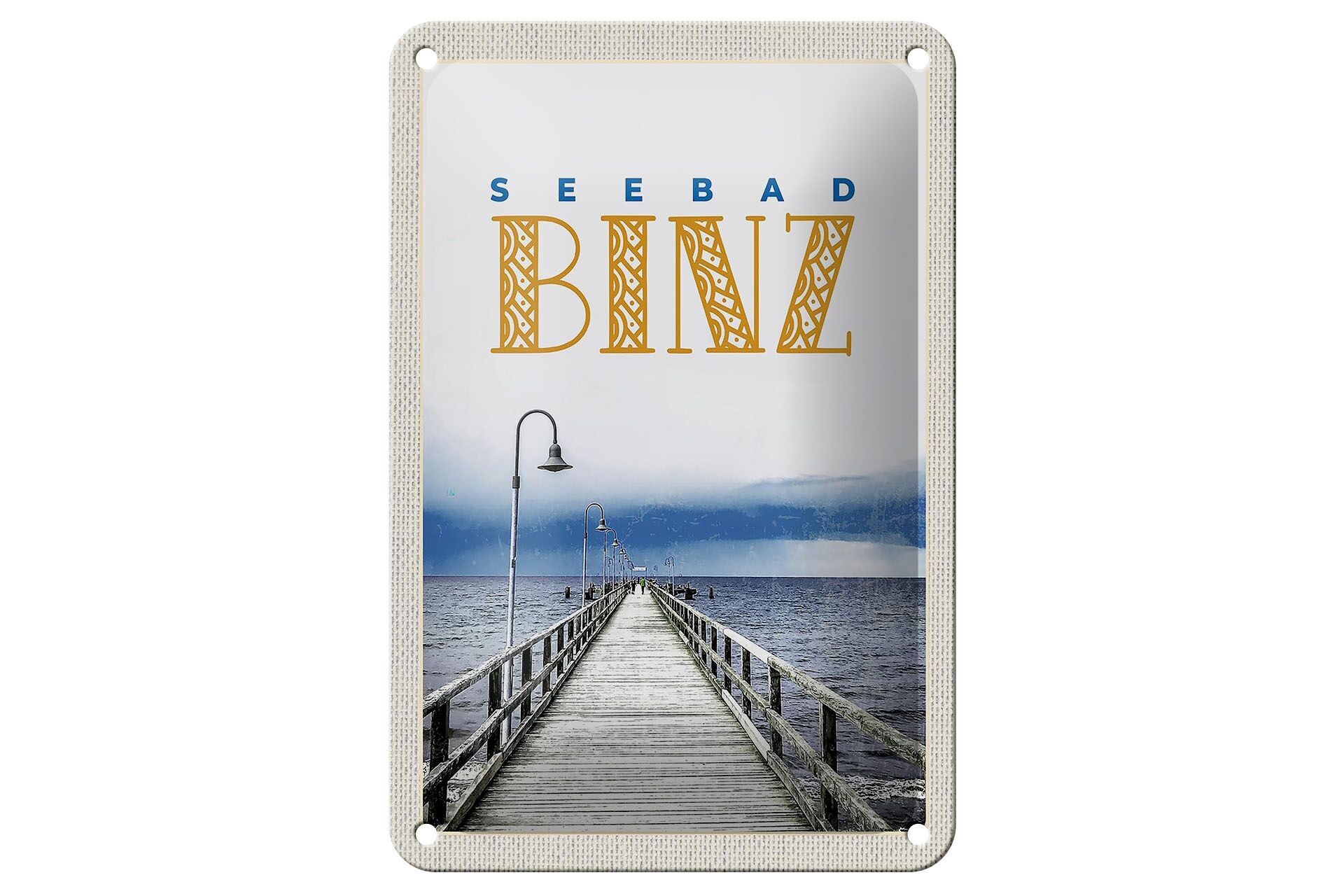 Blechschild Reise 12x18cm Seebad Binz Meer Strand Ebbe und Flut Schild