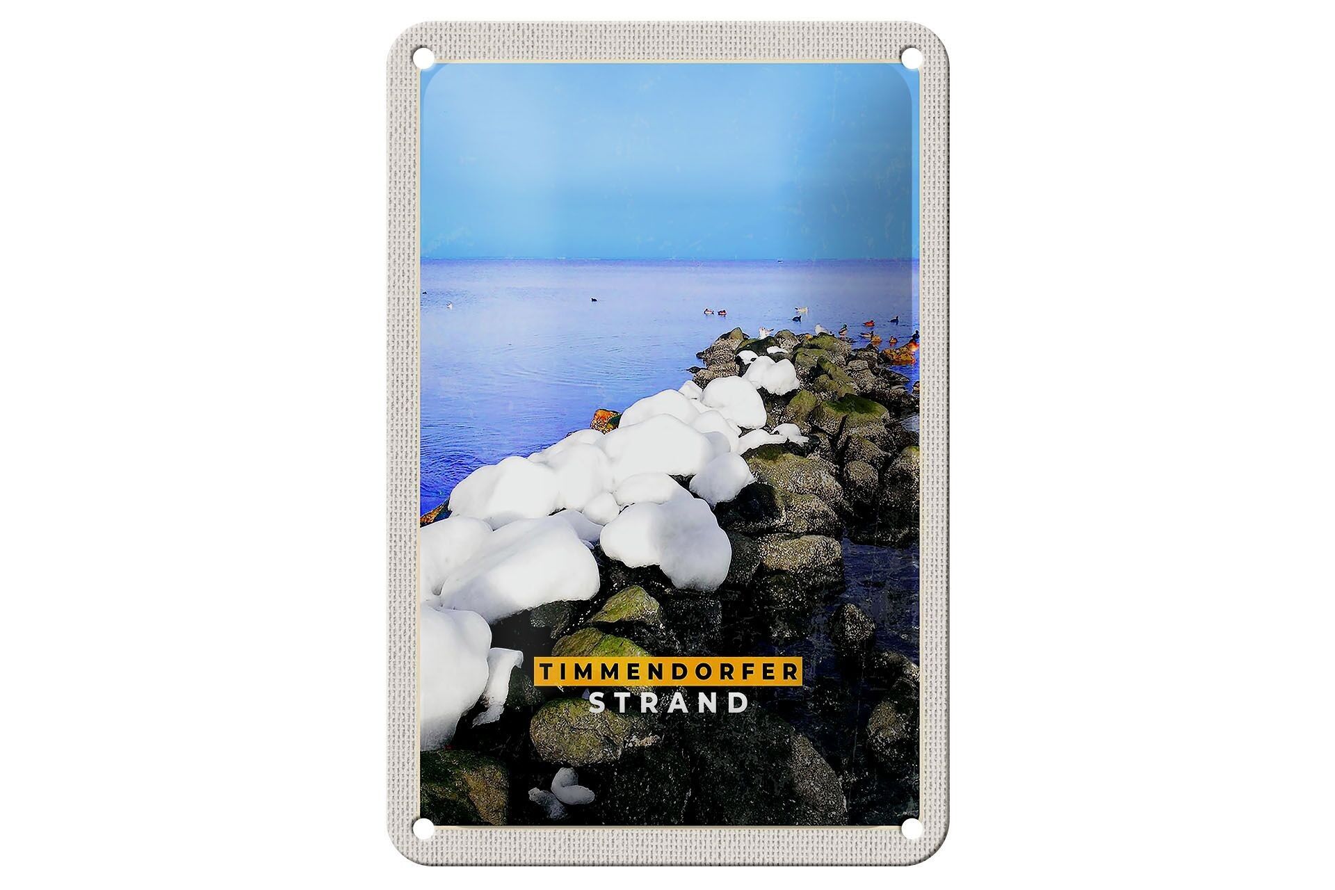 Targa in metallo da viaggio 12x18 cm Timmendorfer Beach Stones Snow Sea Sign
