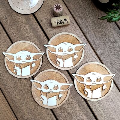Set of 4 Baby Yoda Wood Coasters - Star Wars - The Mandalorian - Cup Holders