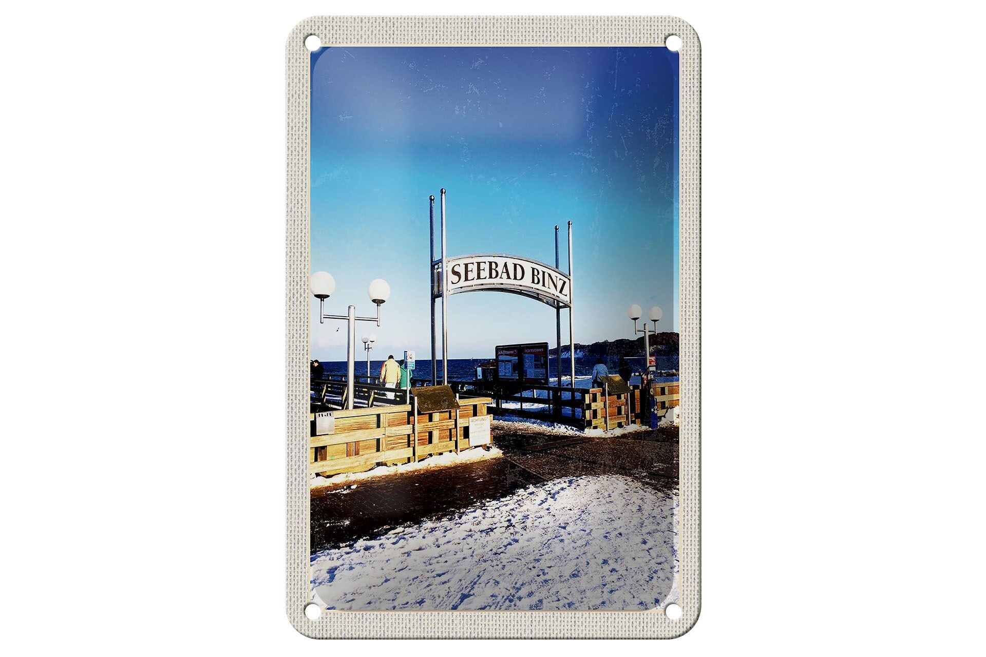 Blechschild Reise 12x18cm Seebad Binz Schnee Winterzeit Meer Schild
