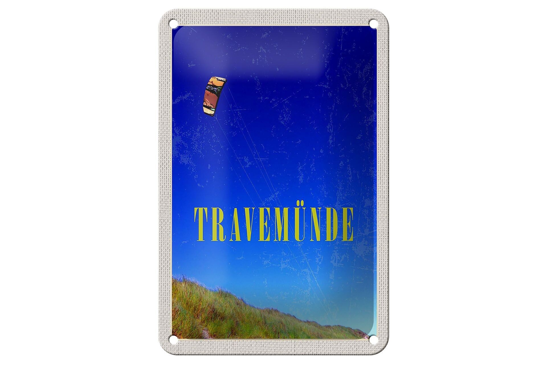 Blechschild Reise 12x18cm Travemünde Weide Natur Wiese Drachen Schild