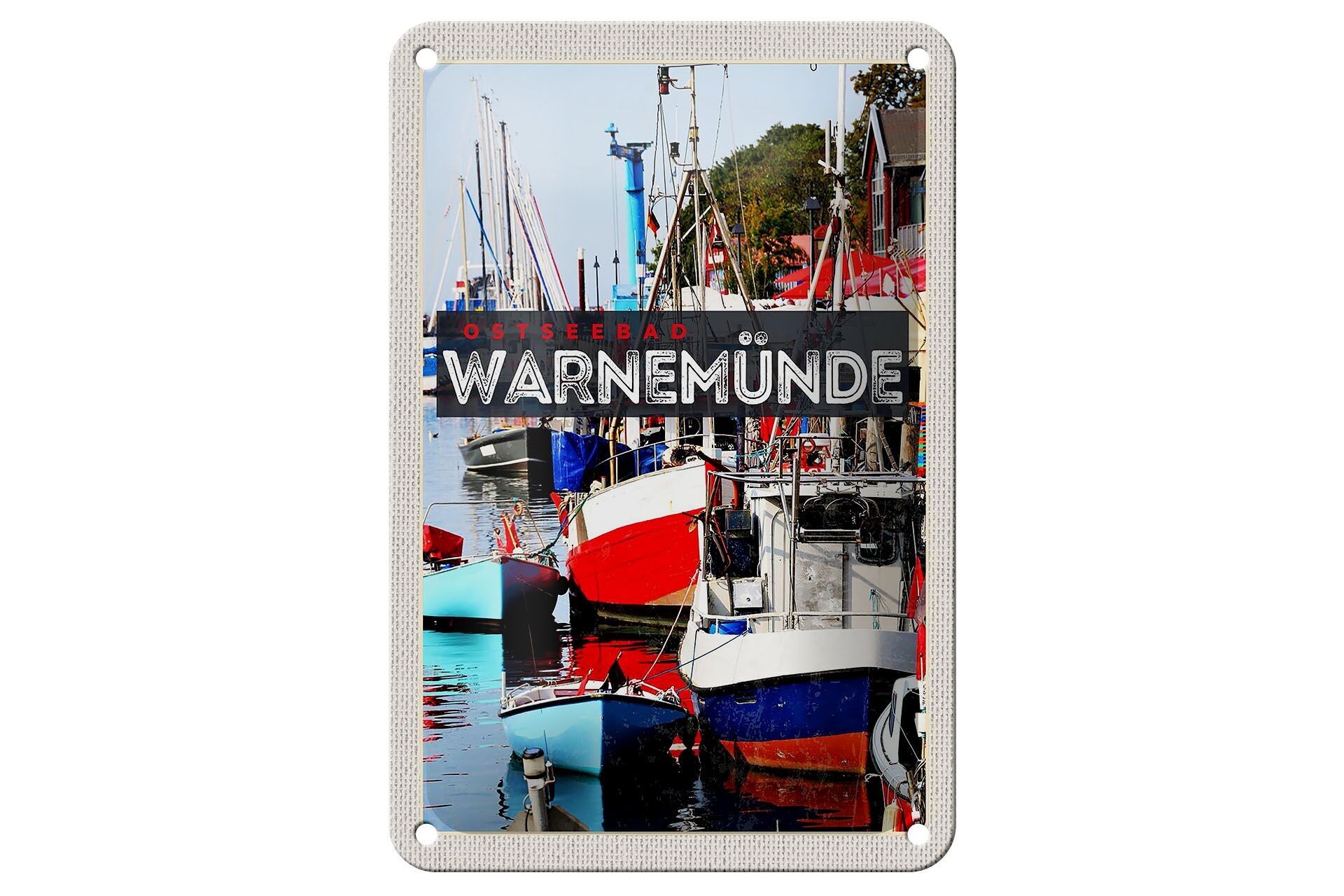 Blechschild Reise 12x18cm Warnemünde Ostseebad Schiffe Boot Meer Schild