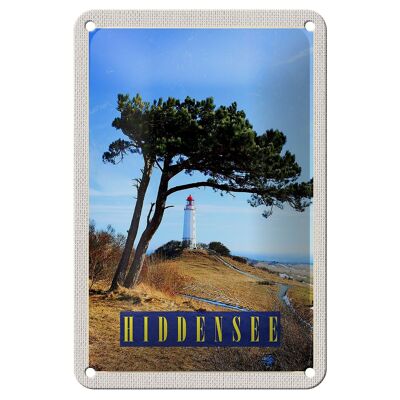 Blechschild Reise 12x18cm Hiddensee Leuchtturm Baum Weide Wiese Schild