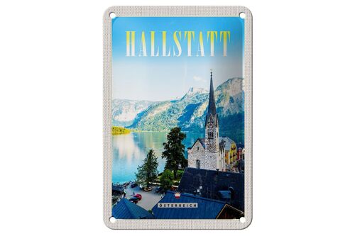 Blechschild Reise 12x18cm Hallstatt Österreich Berge Kirche Schild