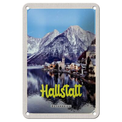 Panneau de voyage en étain, 12x18cm, Hallstatt, autriche, montagnes, signe d'hiver