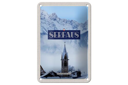 Blechschild Reise 12x18cm Serfaus Schnee Berge Kirche Winter Schild