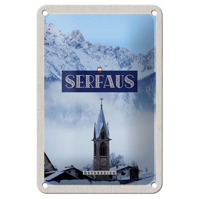 Letrero de chapa de viaje, 12x18cm, Serfaus, montañas nevadas, iglesia, cartel de invierno