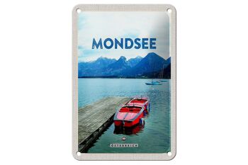Panneau de voyage en étain, 12x18cm, Mondsee, autriche, bateaux, lac, montagnes 1