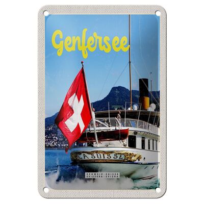 Letrero de chapa de viaje, 12x18cm, lago Lemán, Suiza, Lasuisse, barco, señal de viaje