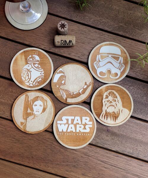 Set of 6 Star Wars Wood Coasters - Princess Leia, BB8, Chew, Darth Vader, Stormtrooper, Logo - Cup Holders