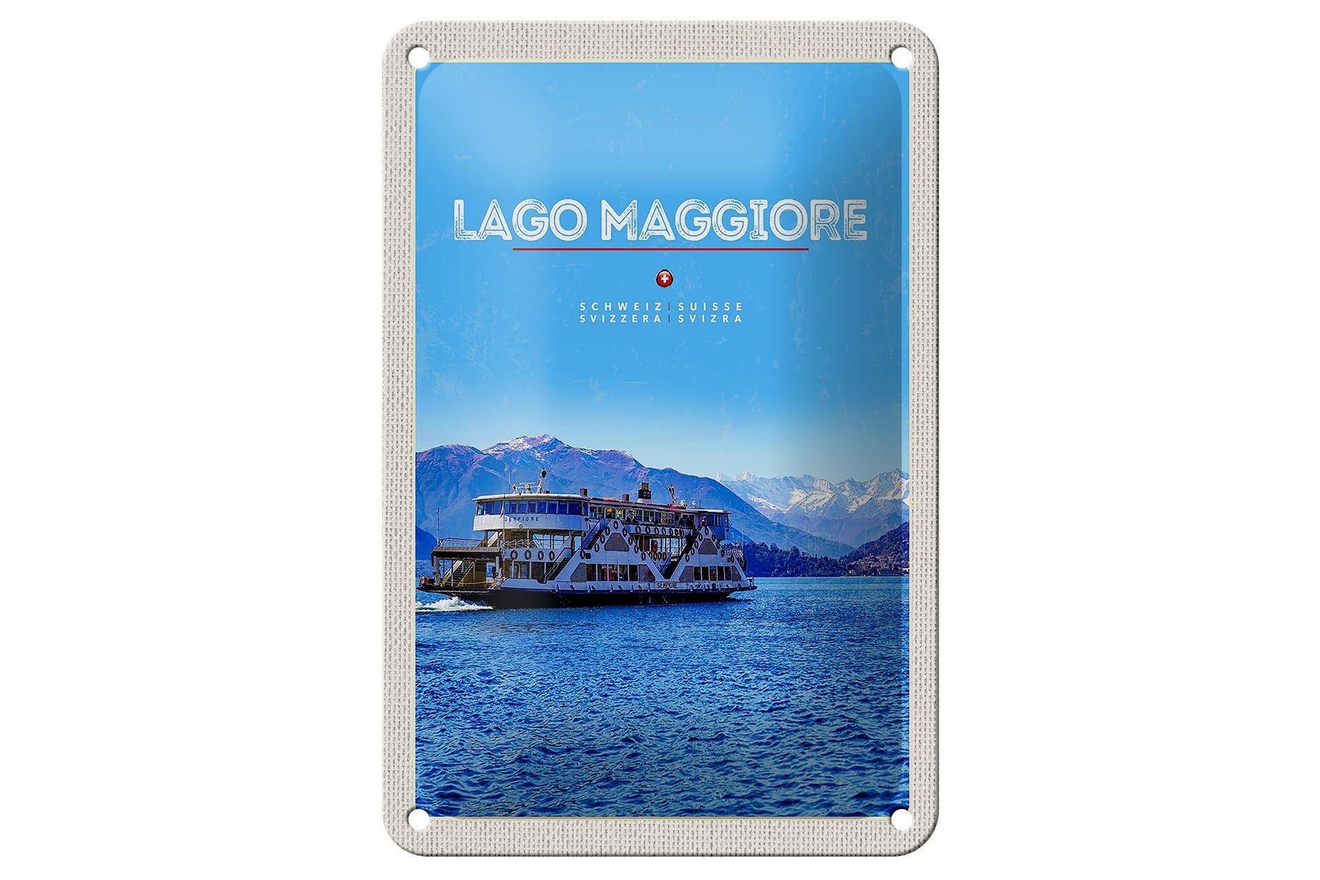 Letrero de chapa de viaje, 12x18cm, lago Maggiore, barco, lago, montañas, cartel natural