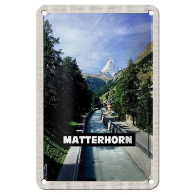 Cartel de chapa de viaje, 12x18cm, Matterhorn, Suiza, río, montaña, ciudad