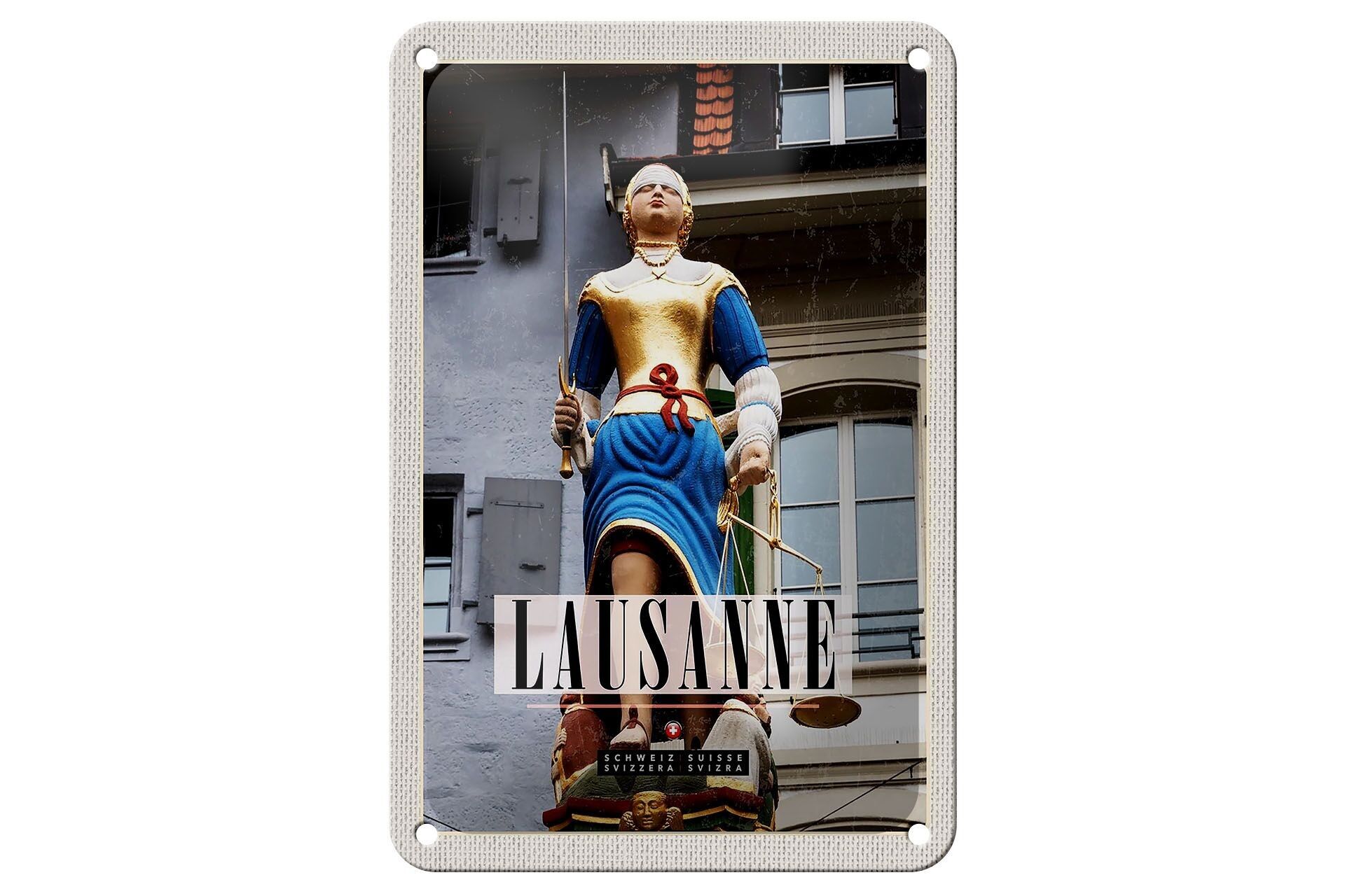 Cartel de chapa de viaje, 12x18cm, Lausana, Suiza, escultura, mujer, signo Libra