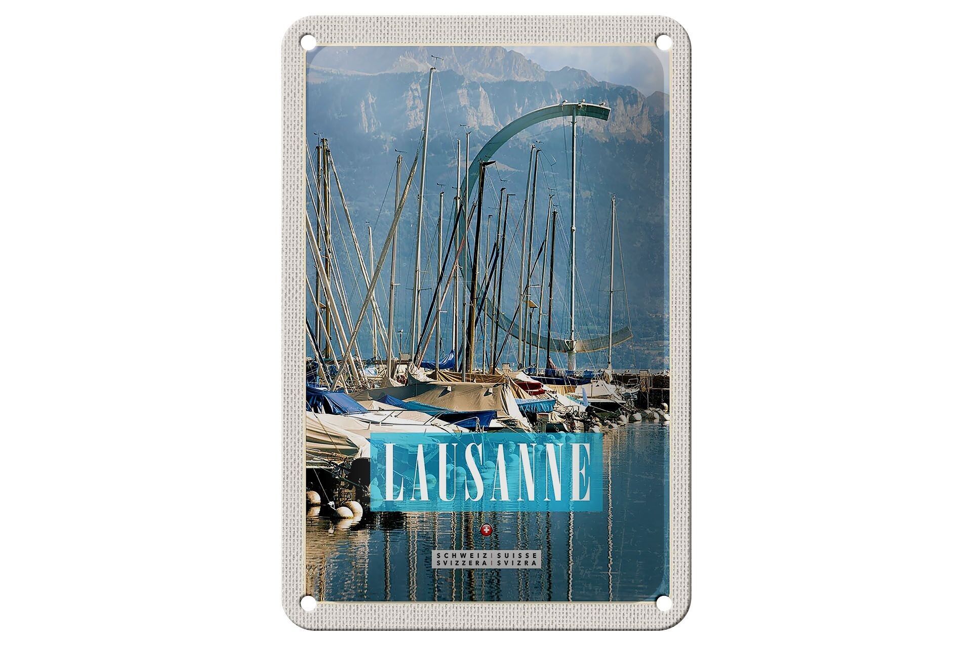 Targa in metallo da viaggio 12x18 cm Losanna Svizzera Barche Montagne Foreste Targa