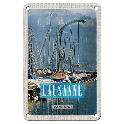 Panneau de voyage en étain, 12x18cm, Lausanne, suisse, bateaux, montagnes, forêts