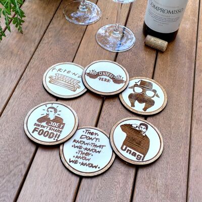 Set of 6 Friends Wood Coasters - Housewarming Gift - Cup Holders