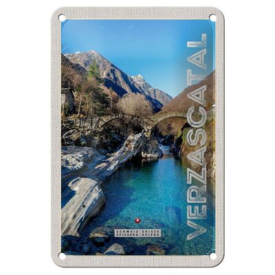 Cartel de chapa de viaje, 12x18cm, puente del valle de Verzasca, montañas, río, cartel natural