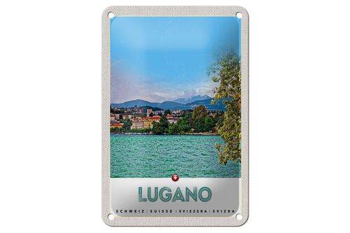 Blechschild Reise 12x18cm Lugano Schweiz See Ausblick auf Stadt Schild