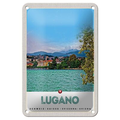Letrero de chapa de viaje, 12x18cm, Lugano, Suiza, vista al lago de la ciudad