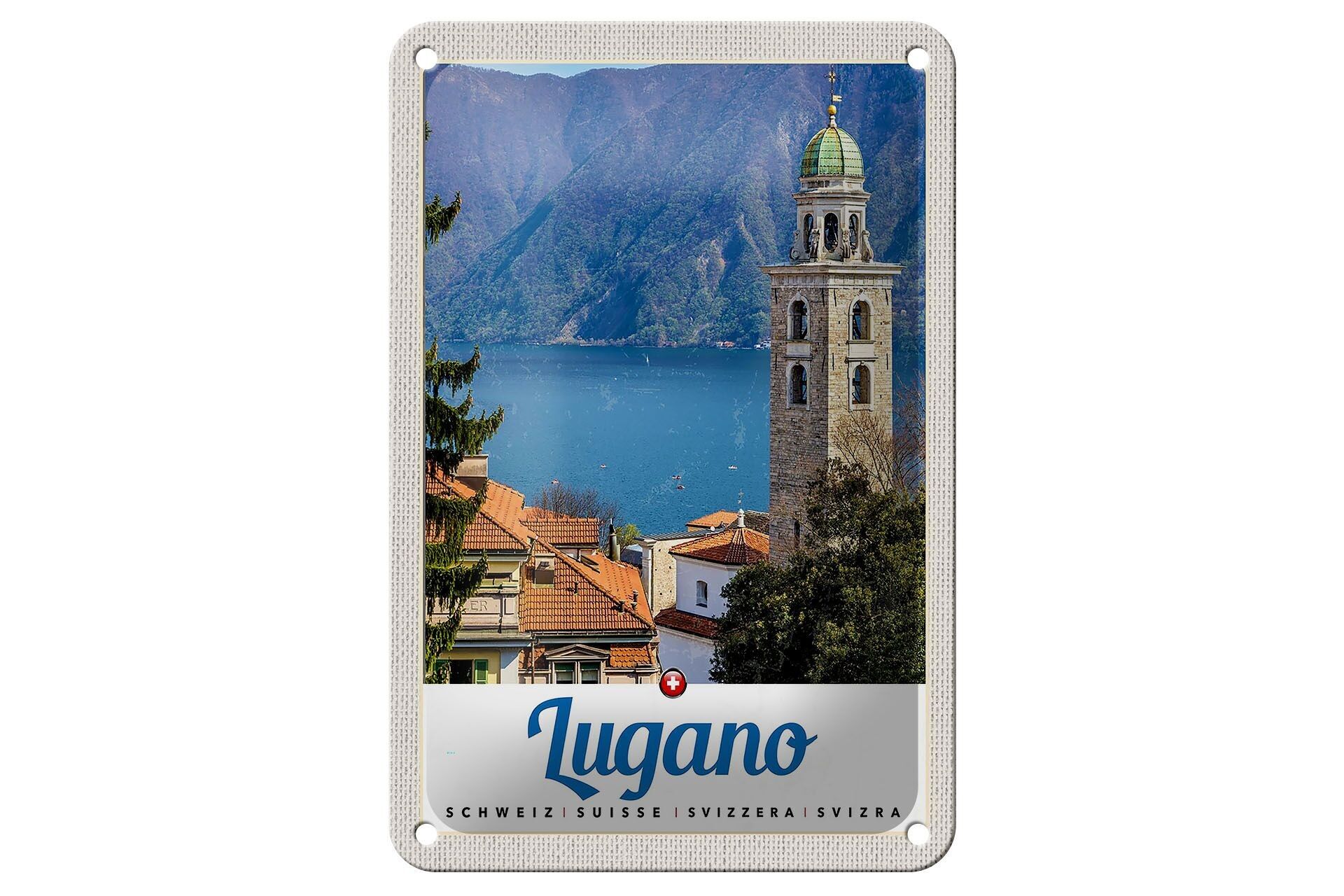 Targa in metallo da viaggio 12x18 cm Lugano Svizzera Lago Chiesa Montagne Targa