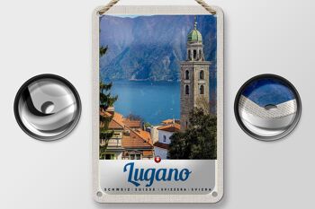 Panneau de voyage en étain, 12x18cm, Lugano, suisse, lac, église, montagnes 2