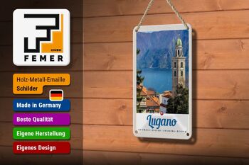 Panneau de voyage en étain, 12x18cm, Lugano, suisse, lac, église, montagnes 3