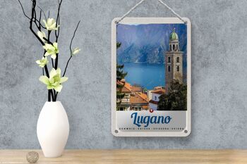 Panneau de voyage en étain, 12x18cm, Lugano, suisse, lac, église, montagnes 4