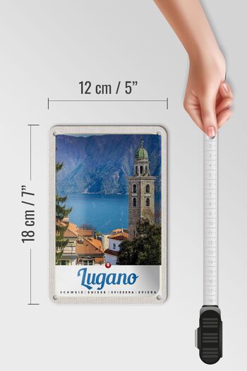 Panneau de voyage en étain, 12x18cm, Lugano, suisse, lac, église, montagnes 5