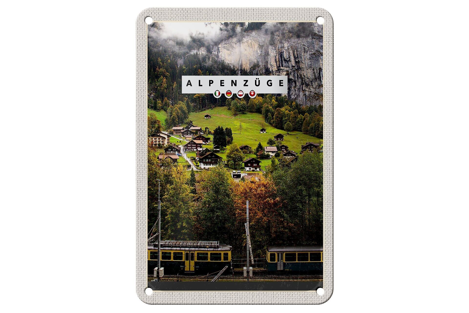 Blechschild Reise 12x18cm Alpenzüge Schweiz Bahn Tal Häuser Schild