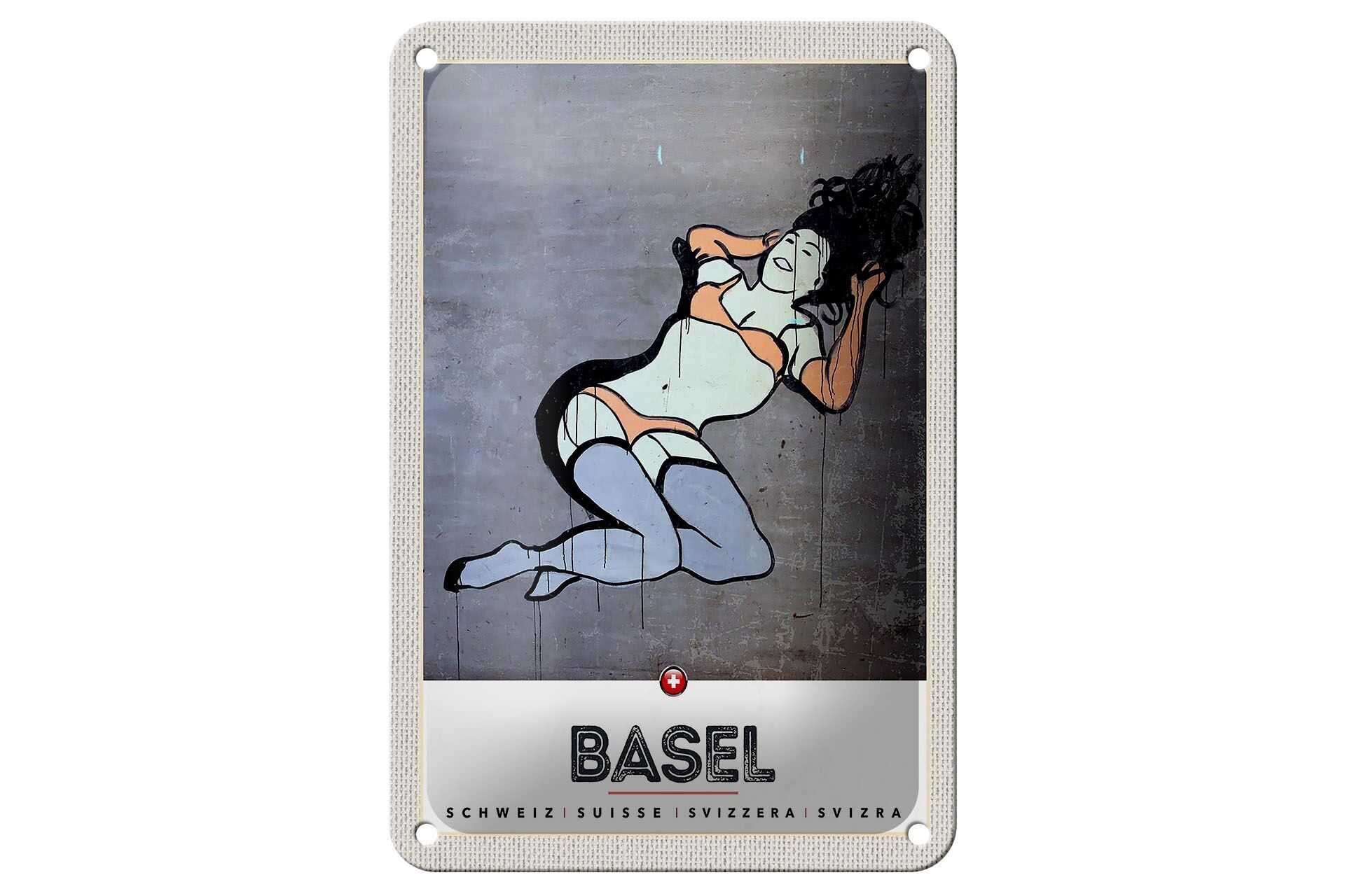 Targa in metallo da viaggio 12x18 cm Basilea Svizzera donna nuda segno graffiti