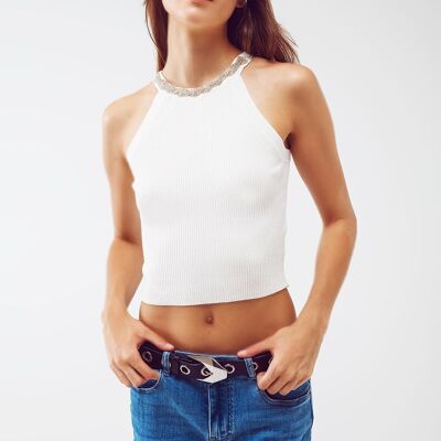 White Halter Top With strass Necklace Design