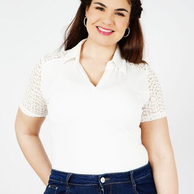 ECRU POLO TOP WITH LACE - ALIVIA ECRU