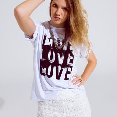 T-shirt a maniche corte con testo d'amore sul davanti in bianco