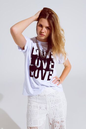 T-shirt à manches courtes avec texte d'amour sur le devant en blanc 1